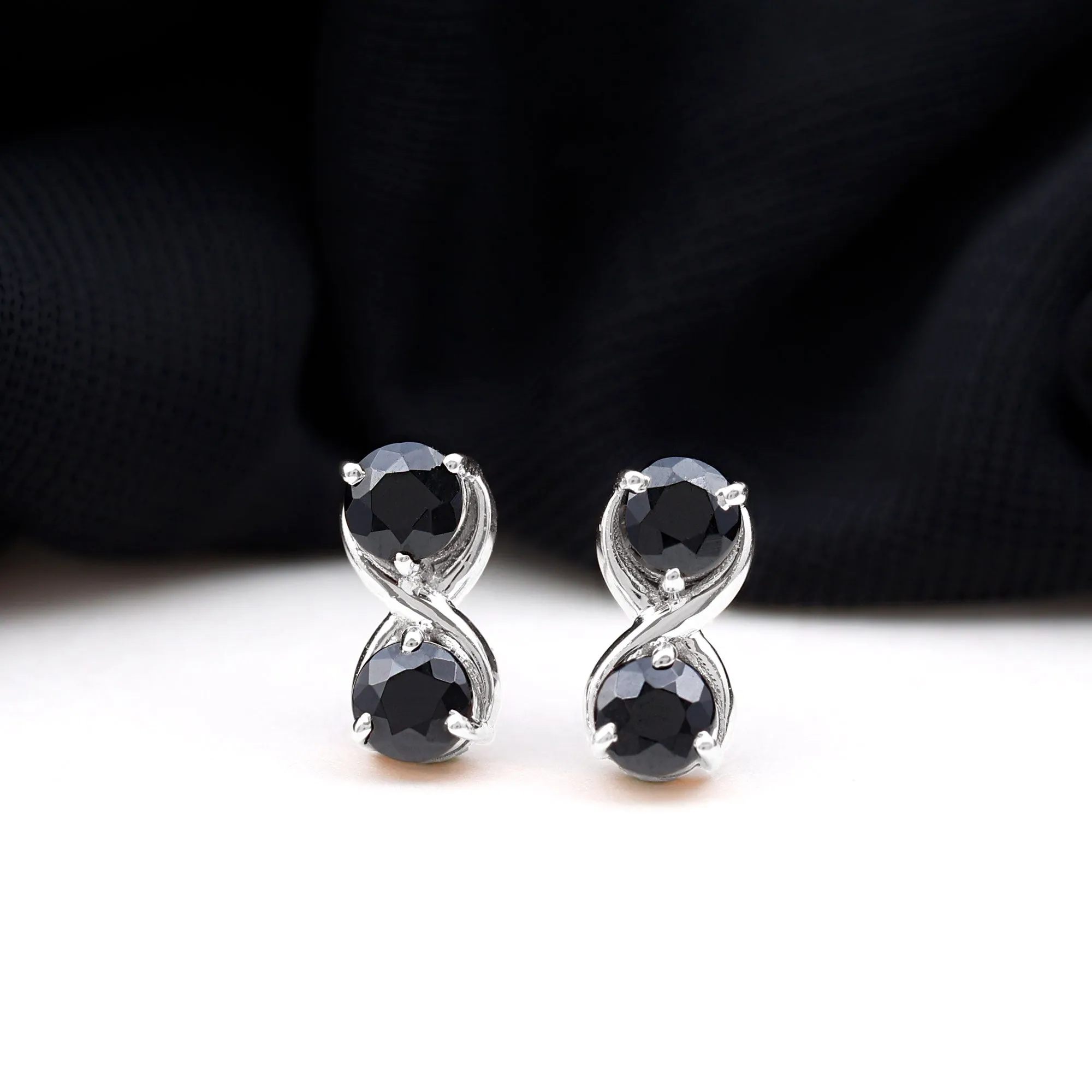 1 CT Simple Black Spinel Two Stone Infinity Stud Earrings