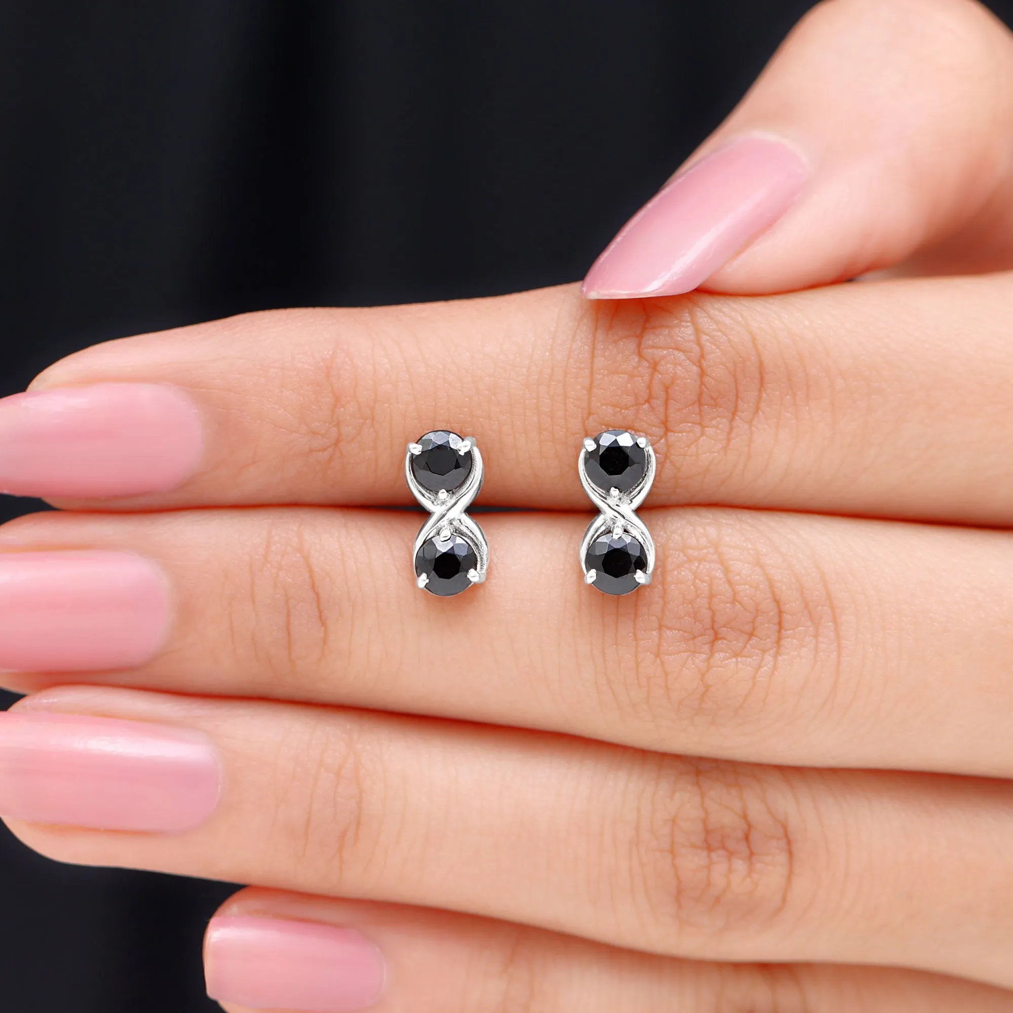 1 CT Simple Black Spinel Two Stone Infinity Stud Earrings