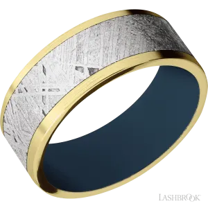 10K Yellow Gold with Satin Finish and Meteorite Inlay and Navy Blue - 8MM