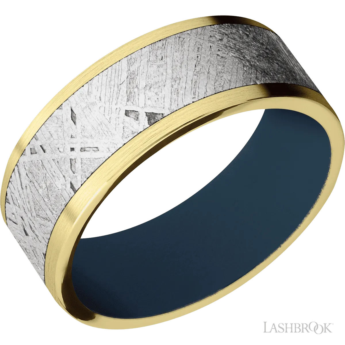 10K Yellow Gold with Satin Finish and Meteorite Inlay and Navy Blue - 8MM