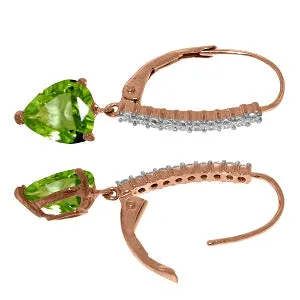 14K Solid Rose Gold Leverback Earrings Natural Diamond & Peridot Genuine