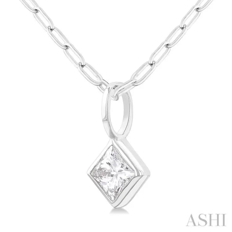 1/5 Ctw Princess Cut Bezel Set Diamond Fashion Pendant with Paper Clip Chain in 14K White Gold