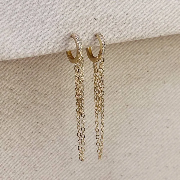 18k Gold Filled Cz Hoop with Dangling Chains Earrings