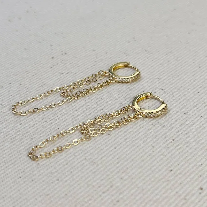 18k Gold Filled Cz Hoop with Dangling Chains Earrings