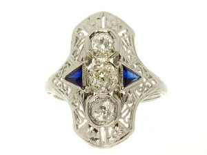 1920s Filigree Diamond & Sapphire Ring