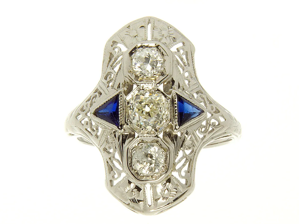 1920s Filigree Diamond & Sapphire Ring