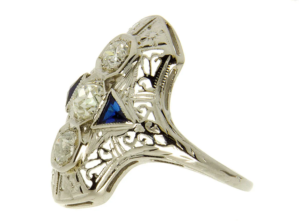 1920s Filigree Diamond & Sapphire Ring