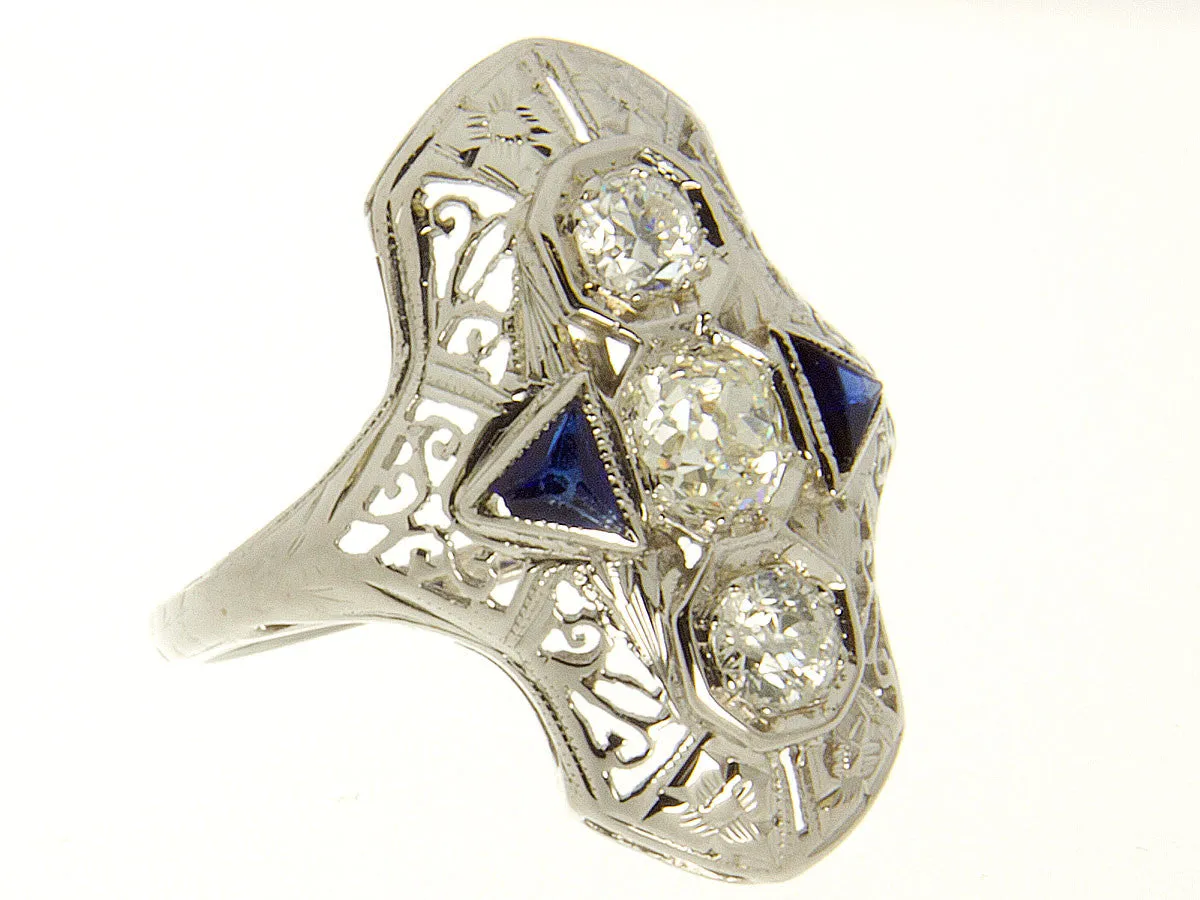 1920s Filigree Diamond & Sapphire Ring