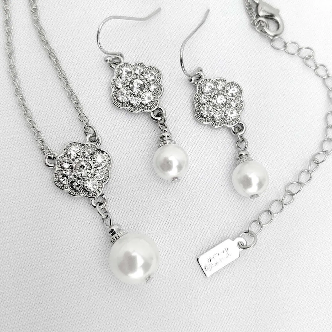 1928 Bridal Crystal Cluster And Faux Pearl Drop Earrings