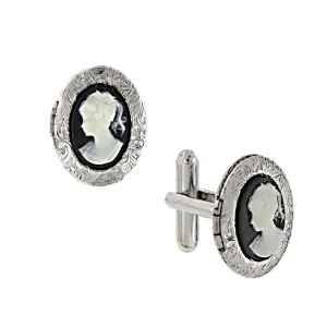 1928 Jewelry Black Cameo Oval Locket Cufflinks