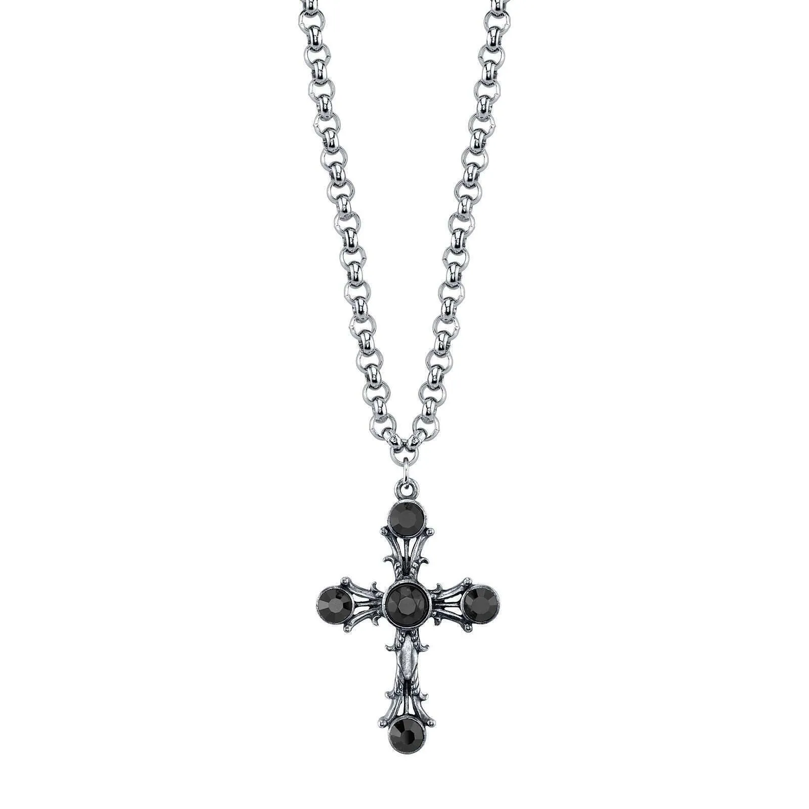 1928 Jewelry Black Stone Cross Pendant Necklace 16"   3" Extender