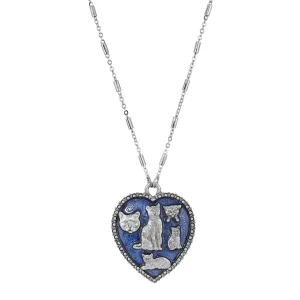 1928 Jewelry Blue Enamel Heart Clowder Of Cats Pendant Necklace 28"L