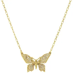 1928 Jewelry Gold Filigree Butterfly Pendant Necklace 16"   3" Extender