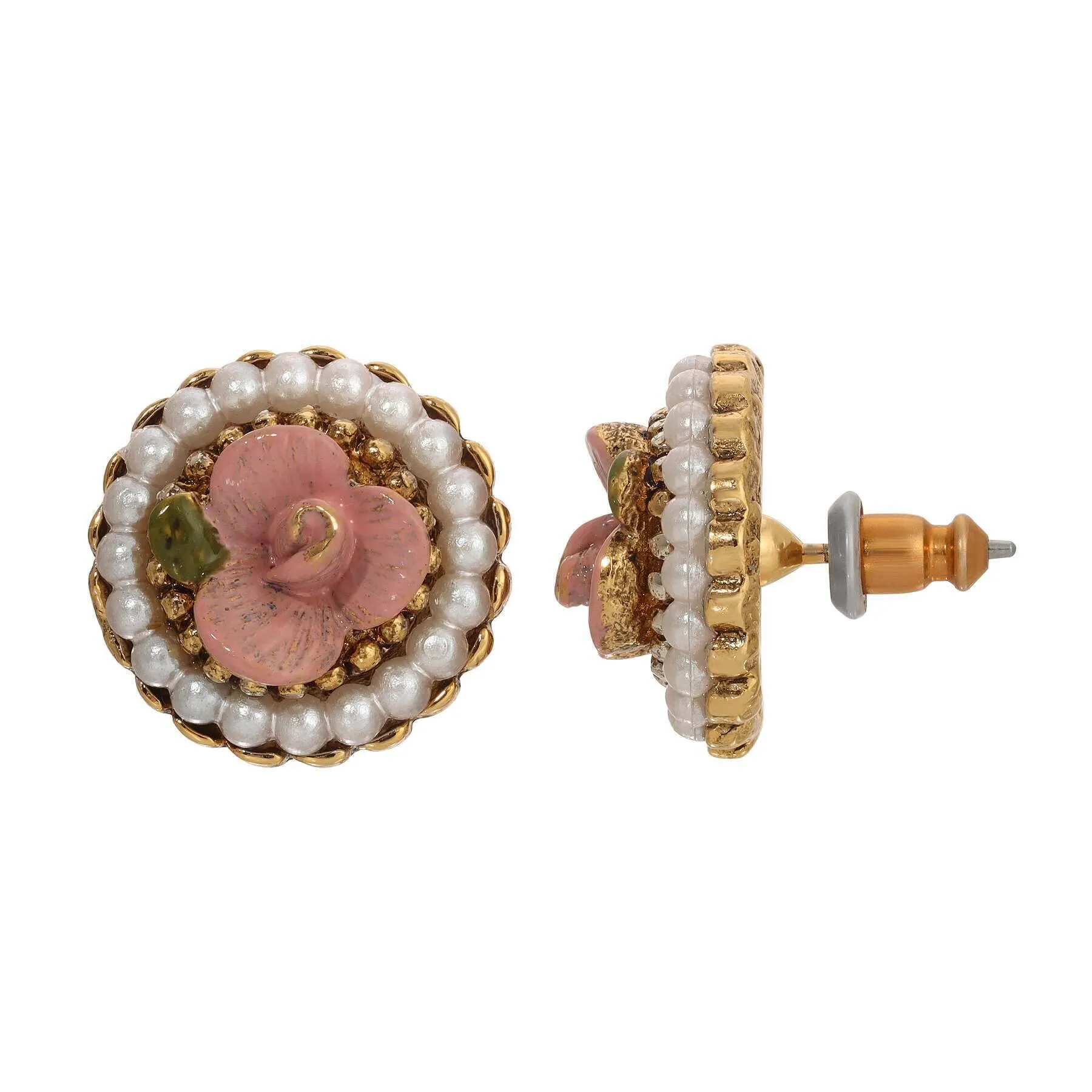 1928 Jewelry Pearly Eden Pink Rose Enamel Faux Pearl Stud Earrings