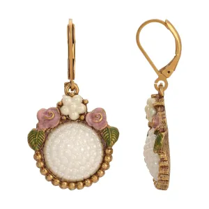 1928 Jewelry Pearly Eden Pink Rose Enamel Round Faux Pearl Drop Earrings