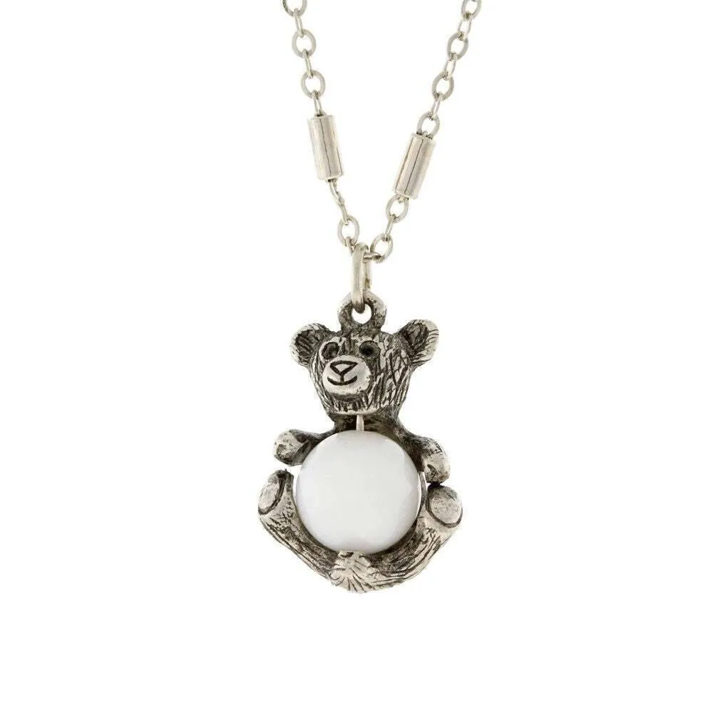 1928 Jewelry Pewter Round Gemstone Teddy Bear Pendant Necklace 16"   3" Extender