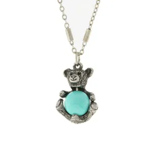 1928 Jewelry Pewter Round Gemstone Teddy Bear Pendant Necklace 16"   3" Extender