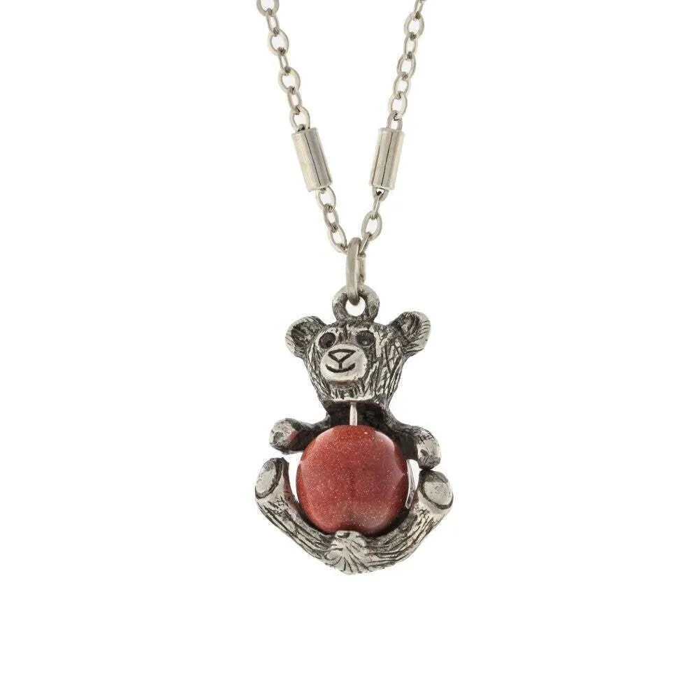 1928 Jewelry Pewter Round Gemstone Teddy Bear Pendant Necklace 16"   3" Extender