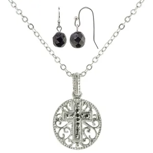 1928 Jewelry Round Filigree Hematite Cross Pendant Necklace & Earrings Set