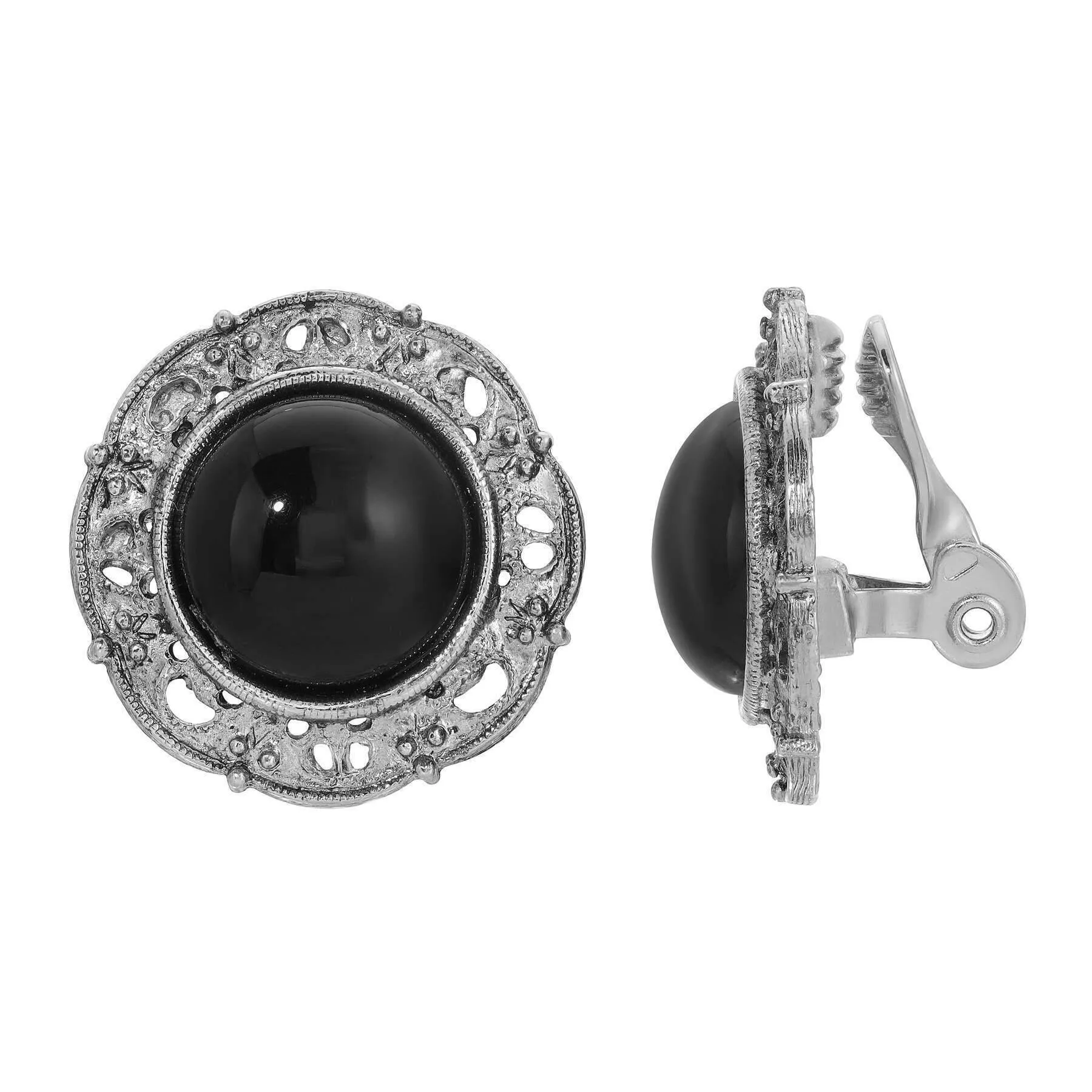 1928 Jewelry Round Jet Black Stone Clip Earrings