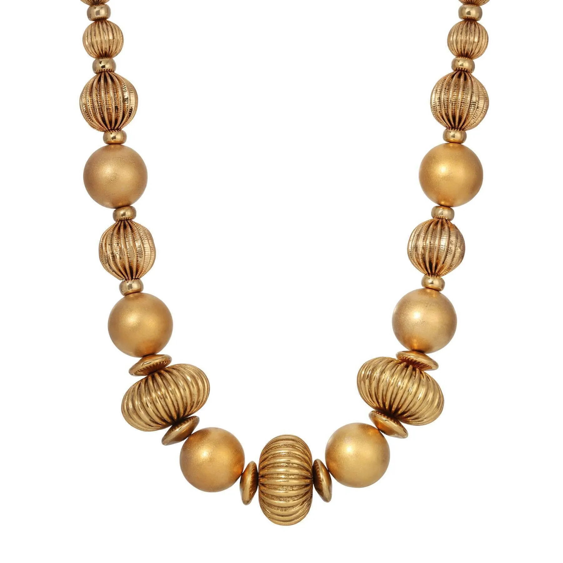 1928 Jewelry Satin Gold Corrugated Bead Necklace 16"   3" Extension