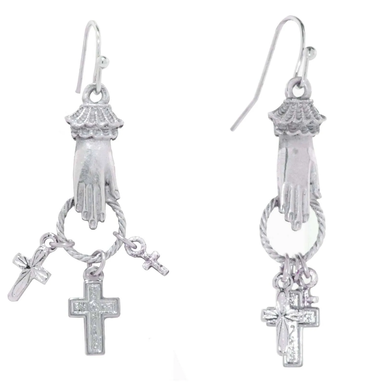 1928 Jewelry Silver Hand And Cross Charm Drop Earrings