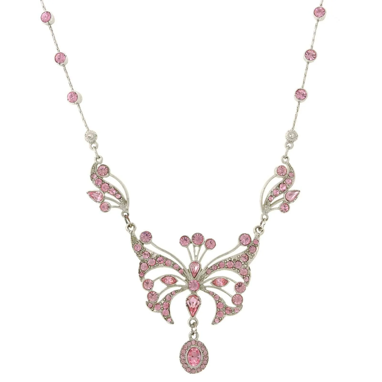 1928 Jewelry Silver With Pink Austrian Crystal Butterfly Pendant Necklace 15"   3" Extender In Box