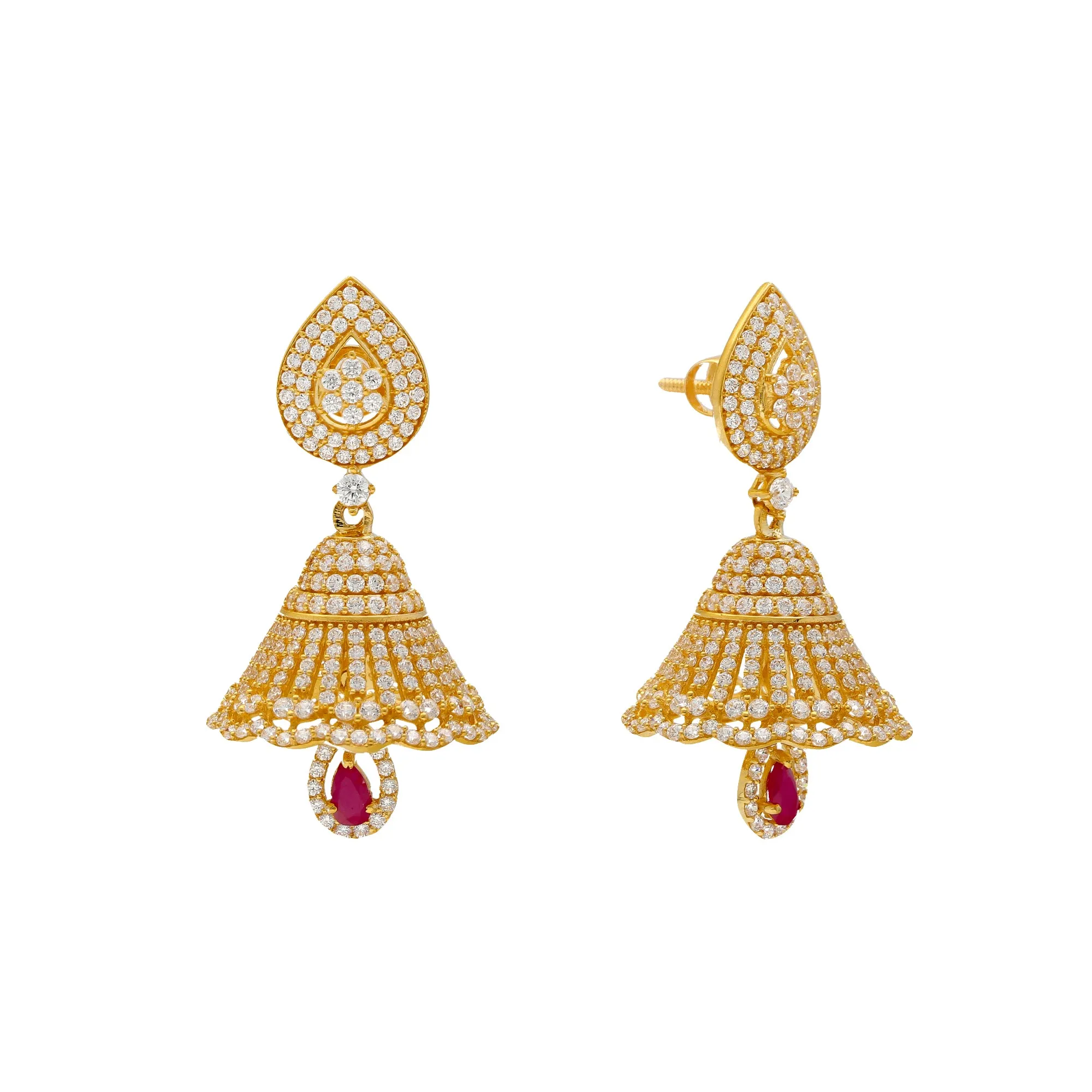 22K Yellow Gold, Ruby & CZ Jhumka Earrings (18.5gm)