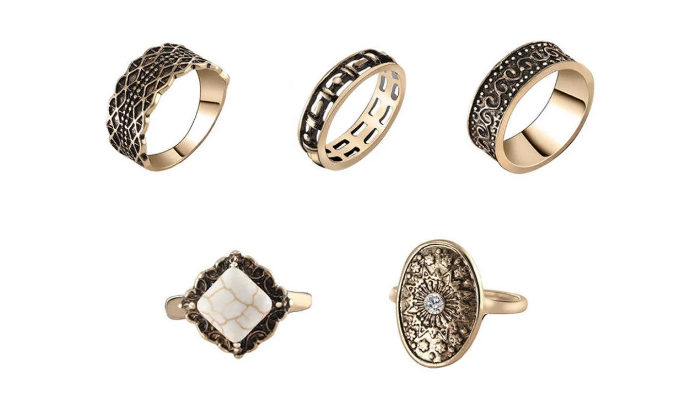 5pcs Zinc Alloy Vintage Ring Set For Women (Adjustable)