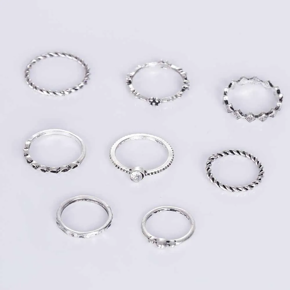 8 pcs/set Bohemian Vintage Crystal Midi Rings Set of Rings for Women