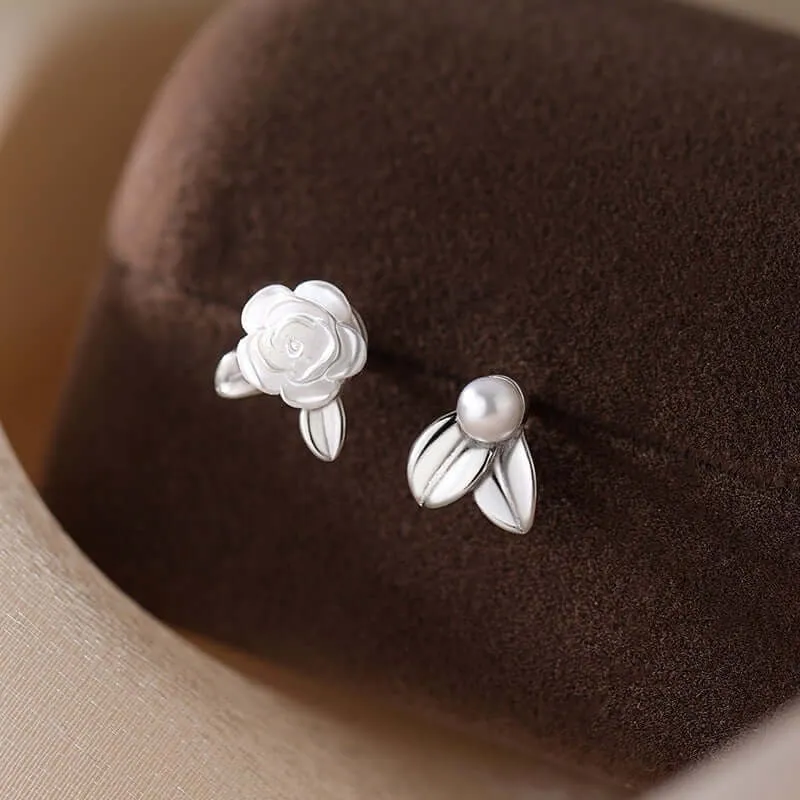 925 Silver Camellia Pearl Asymmetric Earrings