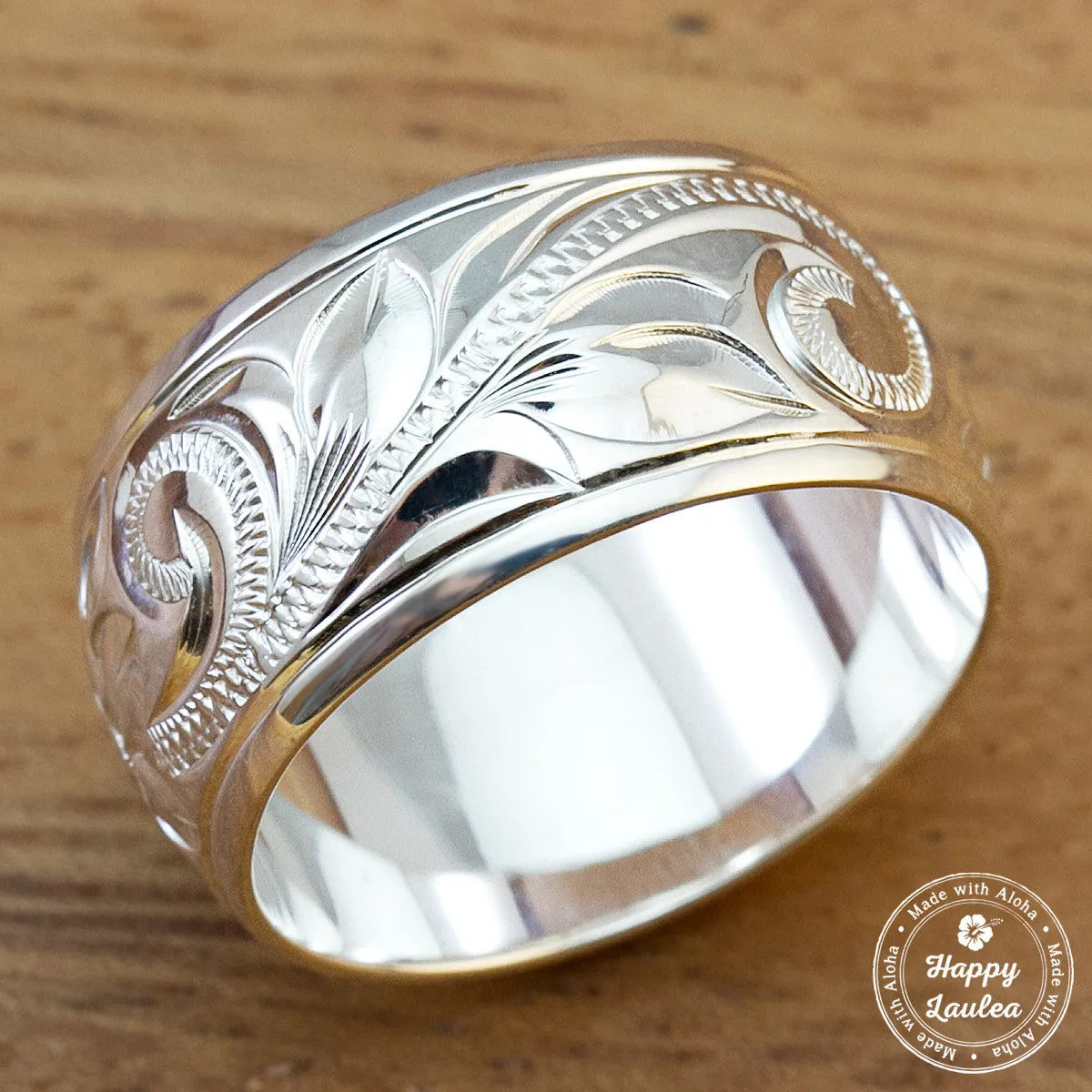 925 Sterling Silver Hand Engraved Old English Design Ring with Polished Edges - 10mm, Dome Shape, Standard Fitment