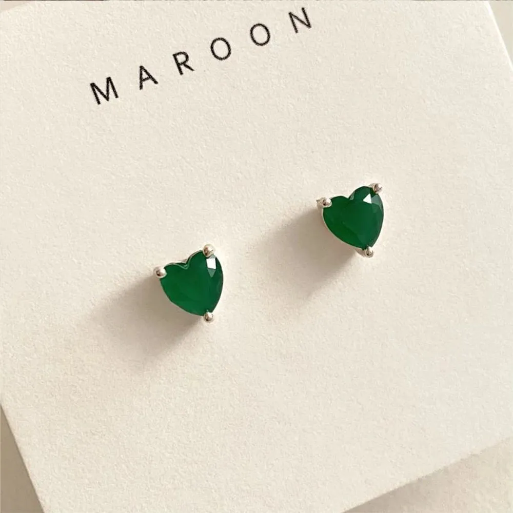 925 Sterling Silver Stud Earrings Charm Jewelry - Green Zircon Heart-shaped - Xm381