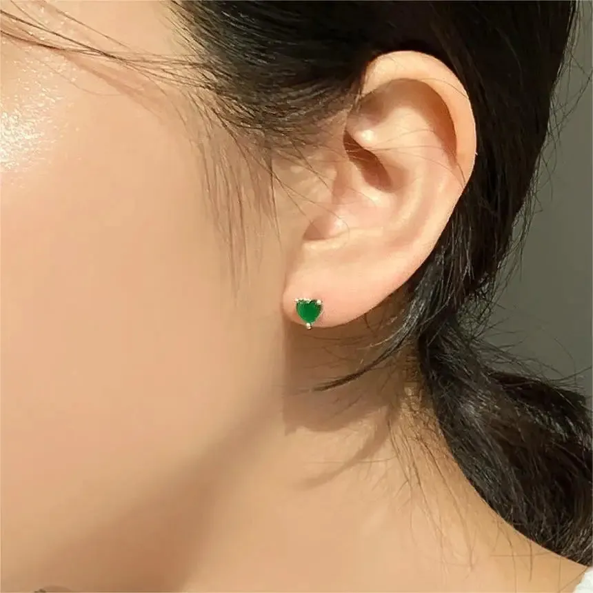 925 Sterling Silver Stud Earrings Charm Jewelry - Green Zircon Heart-shaped - Xm381