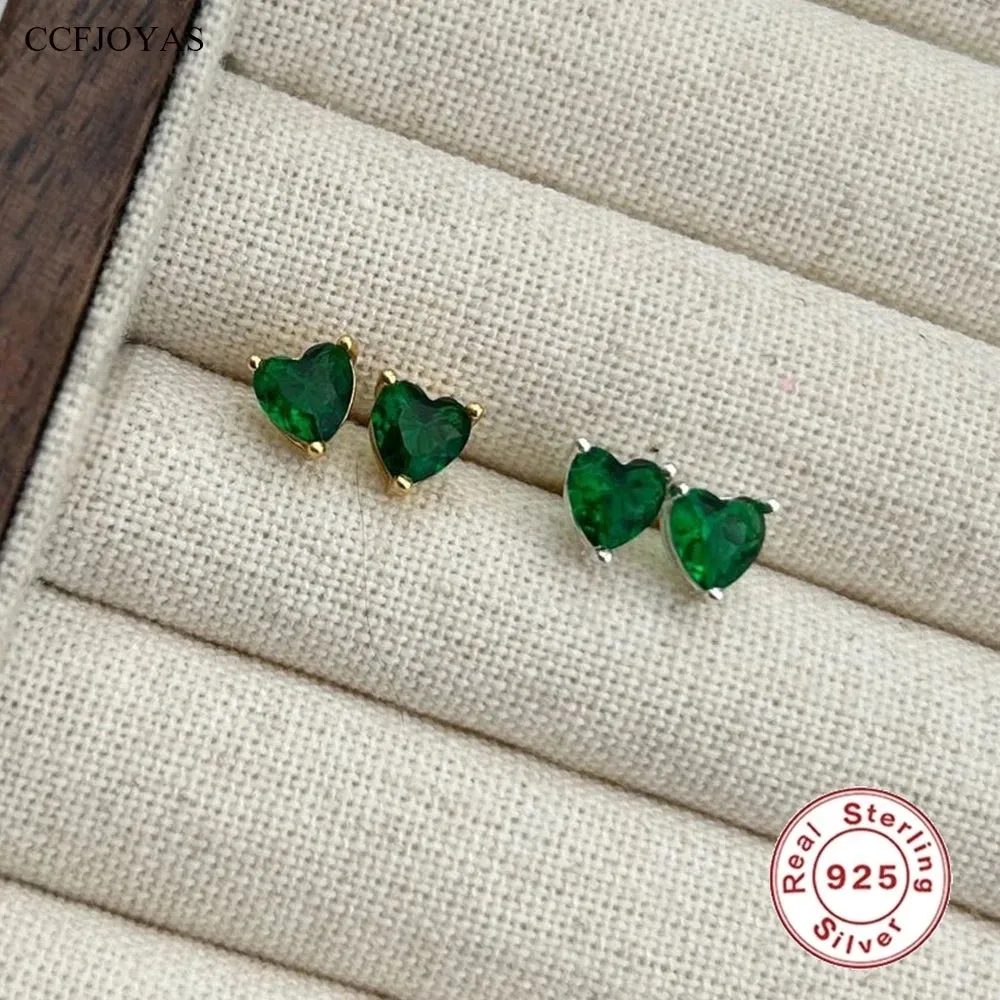 925 Sterling Silver Stud Earrings Charm Jewelry - Green Zircon Heart-shaped - Xm381