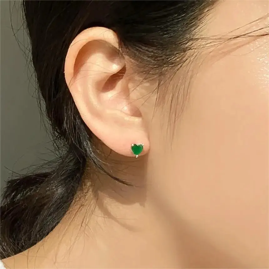 925 Sterling Silver Stud Earrings Charm Jewelry - Green Zircon Heart-shaped - Xm381