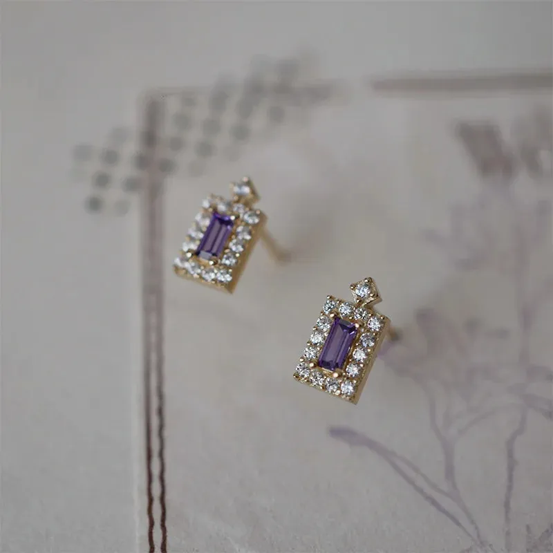 925 Sterling Silver Stud Earrings Charm Jewelry - Purple Rectangle Zircon - Xm372