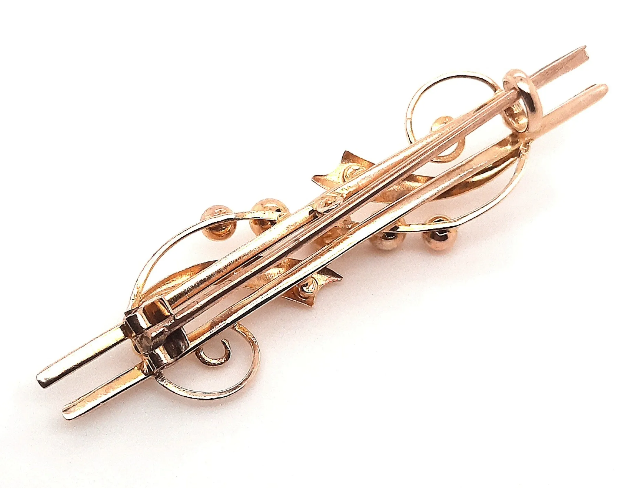 9ct Yellow Gold Double Bar Vintage Brooch with Swirl Style Front