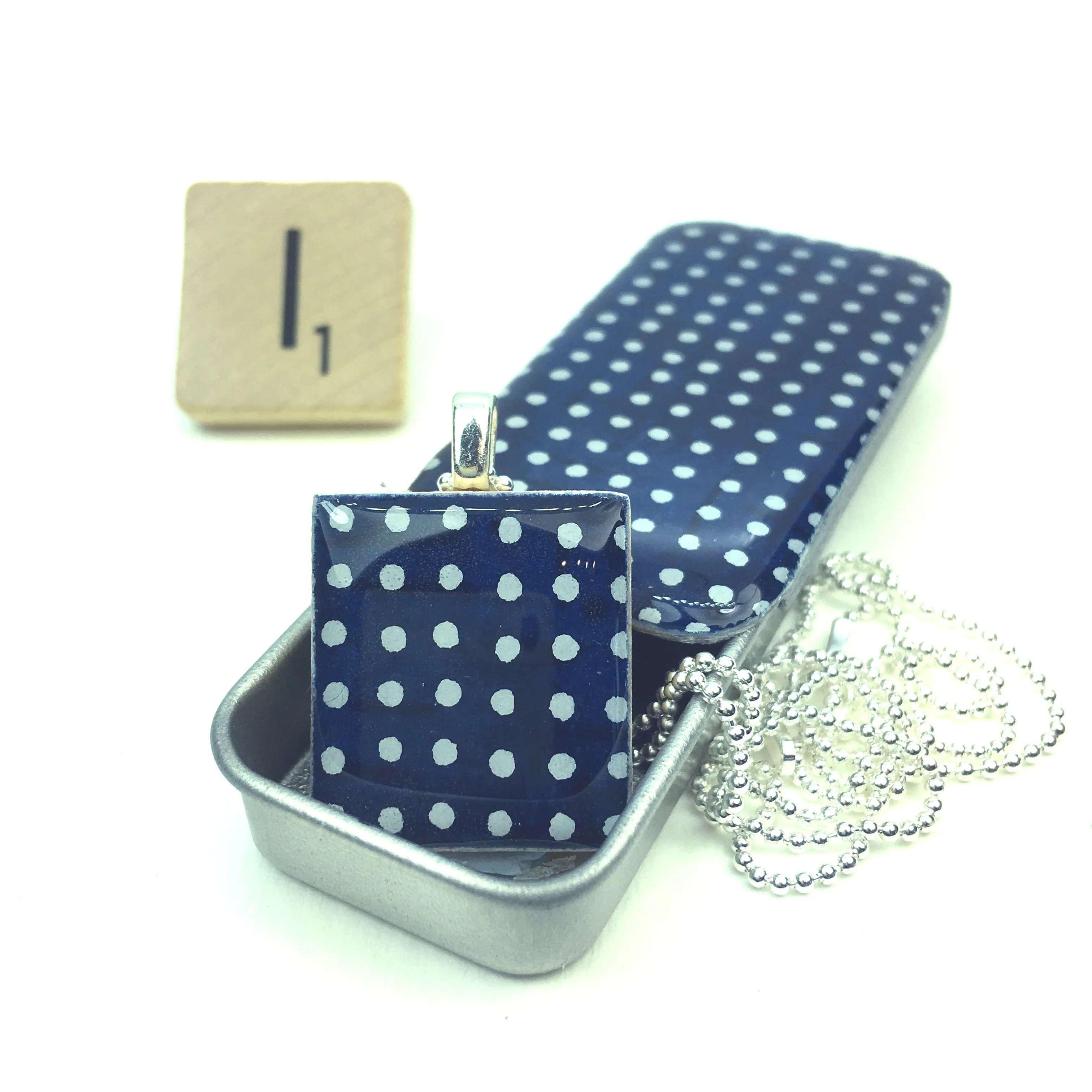 A Scrabble Tile Pendant and Teeny Tiny Tin Sea Glass Indigo