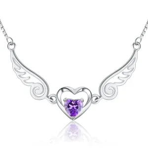 Angel Wings Necklace Pure Silver 925 Jewelry Romantic Purple Crystal Heart Necklaces For Women Sterling-Silver-Jewelry Necklace