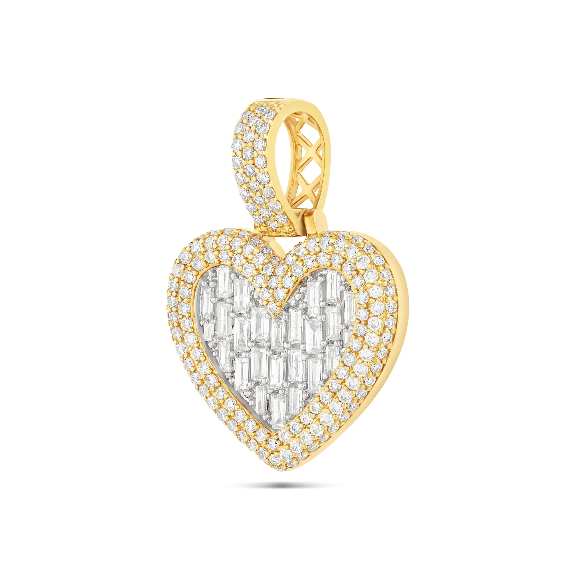 Baguette & Round Diamond Heart Pendant with Bubble Border