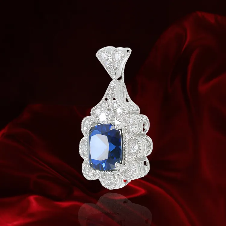 Blue Sapphire Pendant with Scalloped Halo