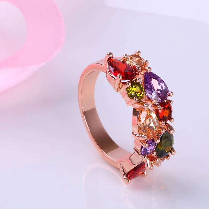 Brand Colorful Cubic Zircon Engagement Ring Hypoallergenic Copper Rose Gold Plated Wedding Rings for Women