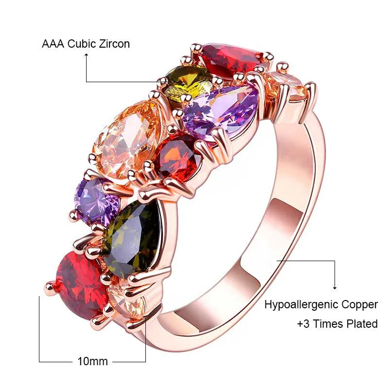 Brand Colorful Cubic Zircon Engagement Ring Hypoallergenic Copper Rose Gold Plated Wedding Rings for Women