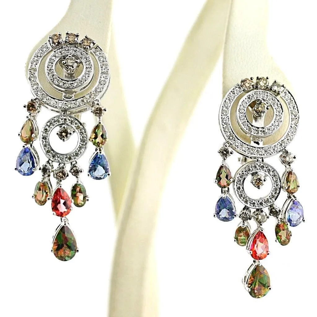 Colored Diamonds Dangle Chandelier Earrings 18K White Gold