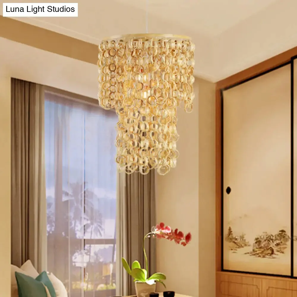 Contemporary Round Beige Bamboo Pendant Ceiling Light with Tassel Deco