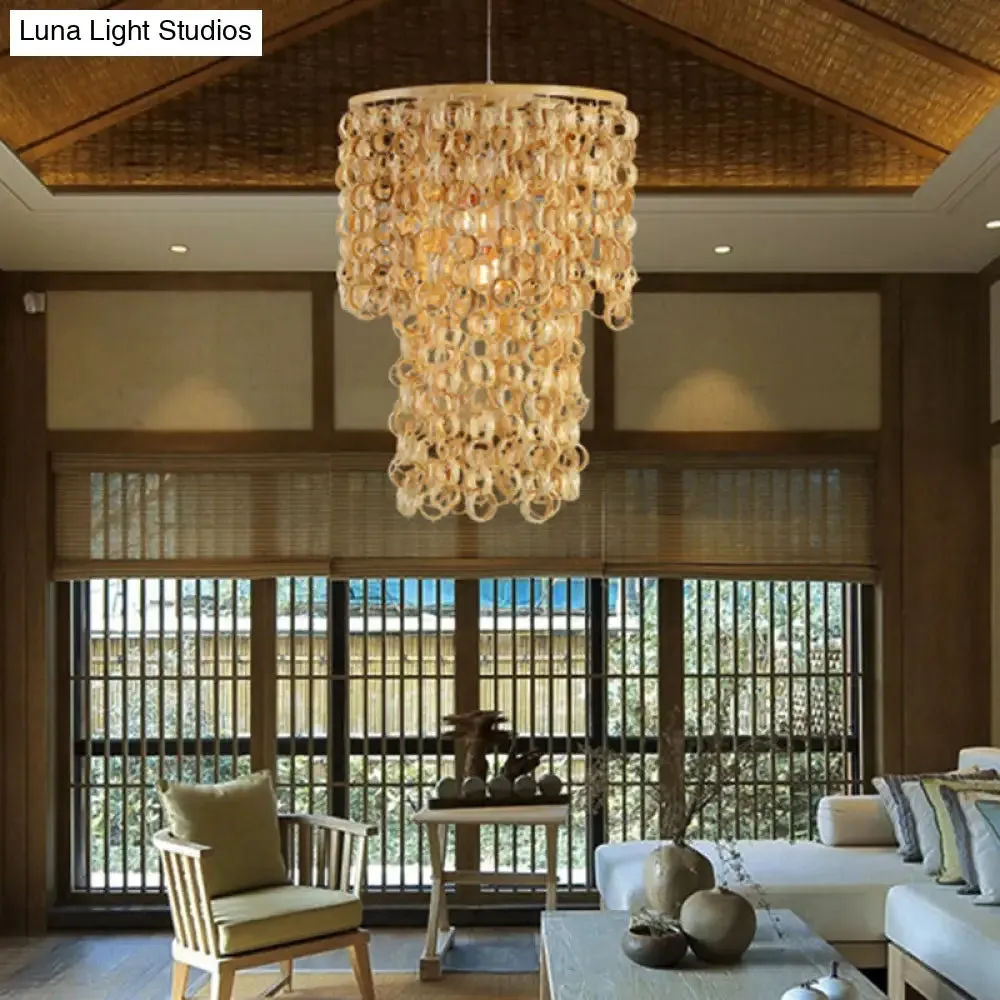 Contemporary Round Beige Bamboo Pendant Ceiling Light with Tassel Deco