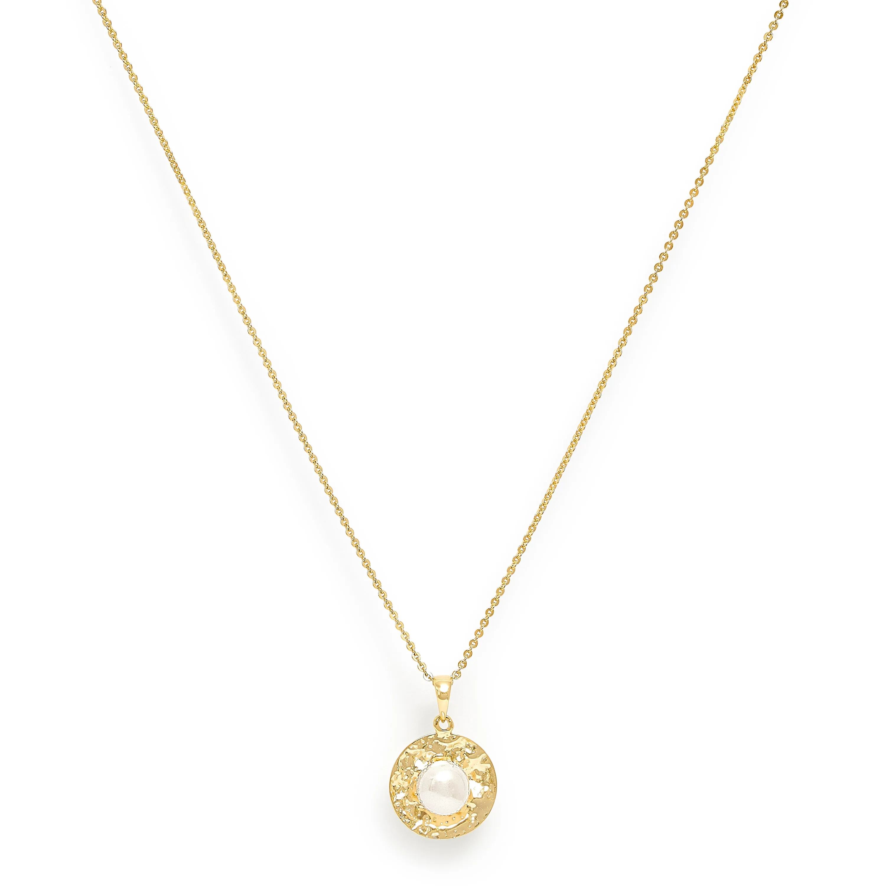 Credo gold brushed disk pendant with cultured freshwater pearl in the centre