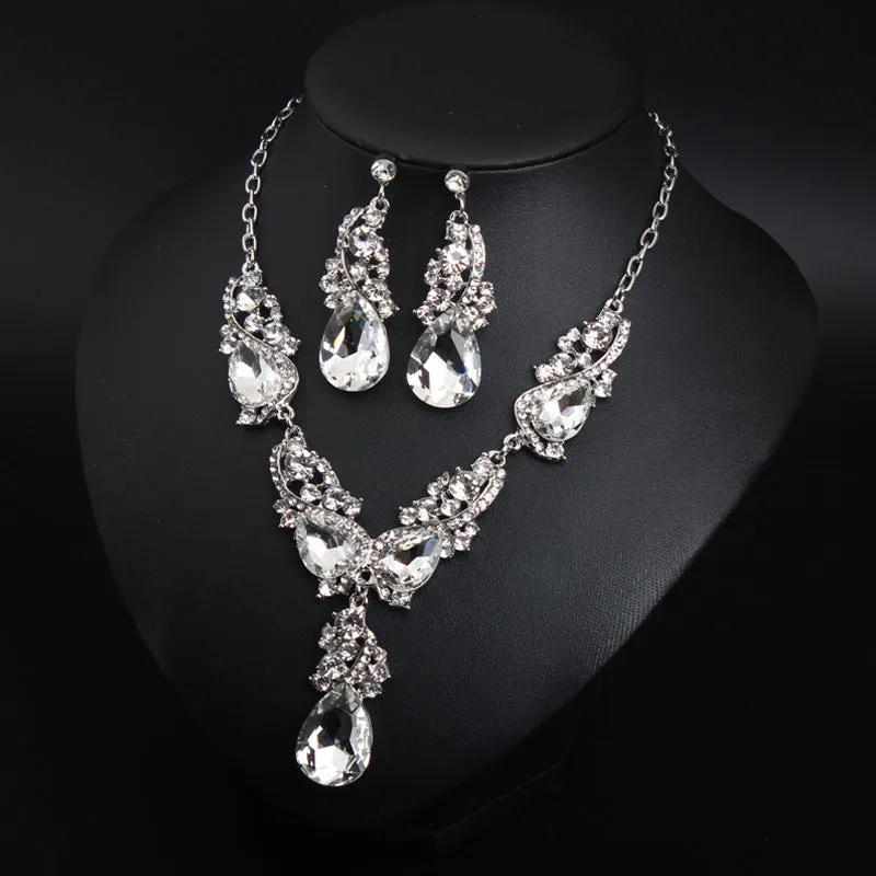 Cross-border crystal gem flash short necklace earrings set European and American exaggerated dress