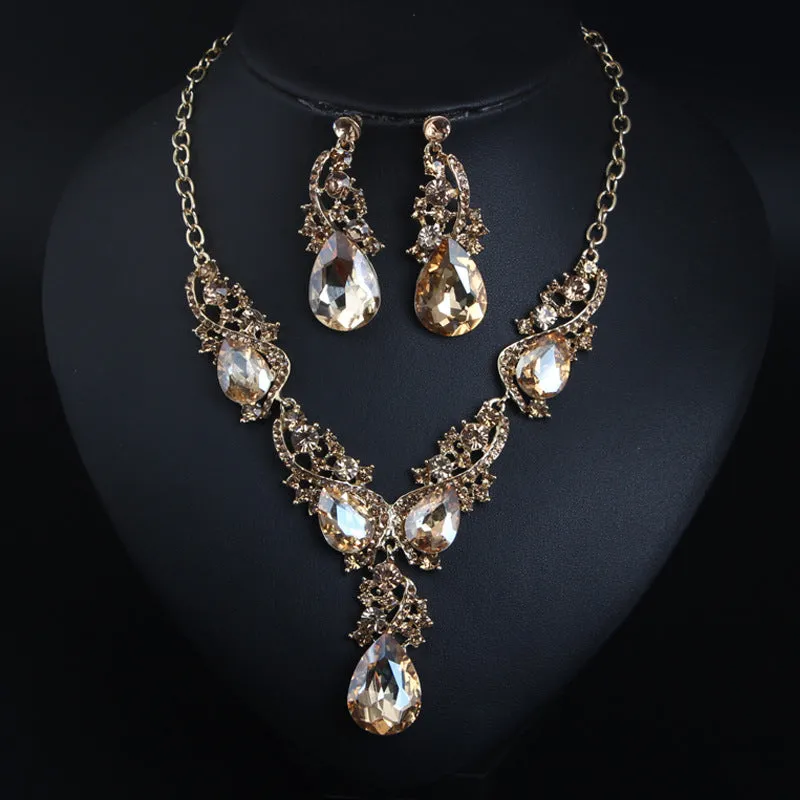 Cross-border crystal gem flash short necklace earrings set European and American exaggerated dress